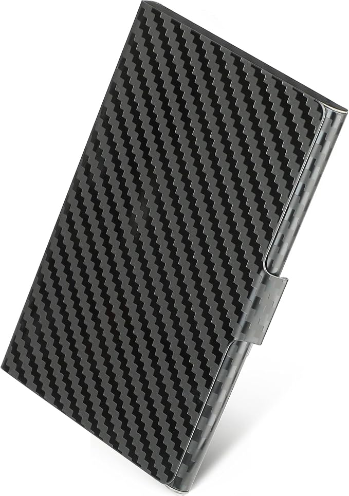 MaxGear Stainless Steel Business Card Holder, Slim Card Case, Black Carbon | Soft Interior Lining, Buckle Closure, Fits Standard Business Cards and Credit Cards