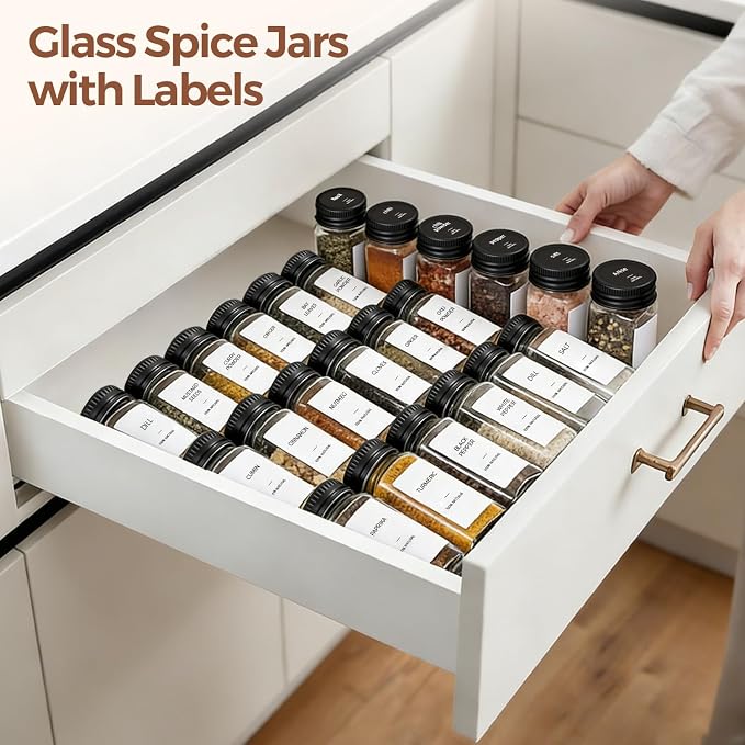 ComSaf Glass Spice Jars with with Labels 4 oz 24 Pack Small Square Bulk Set | Empty Containers, Seasoning Herb Powder, Salt Pepper Chili, Spice Rack Organization, Kitchen Cabinet Storage, Funnel Included