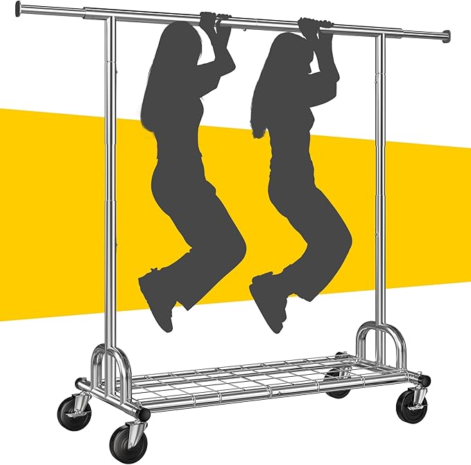 Raybee Heavy Duty Clothes Rack, 530LBS Capacity, Space-Saving Storage | 75"W Extendable Rod, Height Adjustable, Bottom Shelf, 360° Lockable Wheels, Collapsible Design, 5-Minute Tool-free Assembly