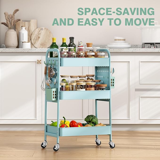 KINGRACK 3 Tier Rolling Cart with DIY Pegboard, Metal Utility Cart with Wheels, Hooks & Baskets, Sturdy Storage Organizer for Craft, Bathroom, Kitchen, Office, Nursery, Classroom（Blue）