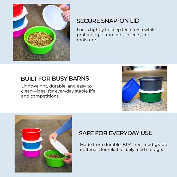 Correct Connect RCC Mini 1 Gallon Horse Feed Storage Bowl with Snap Lid, Feed Container for Treats and Supplements, BPA Free Food Grade Feed Bucket, Stackable (Green)