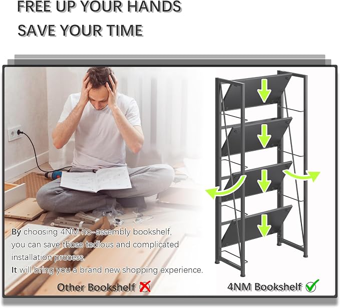 4NM No Assembly Folding Bookshelf Storage Shelves 4 Tiers Vintage Bookcase Standing Racks Study Organizer Home Office (All Black)