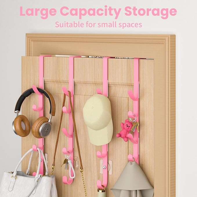 Kaiferty Over the Door Hooks, Metal Door Hooks for Hanging, Over the Door Purse Organizer for Coat Hanger, Back of Shower Door for Hanging Towel Rack Clothes, Hat, Bathroom, Closet (Pink-4Packs)