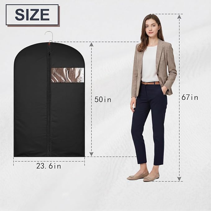 50Inch Garment Bags Covers, Black Hanging Clothes Bag, Suit Cover Bags with Clear Window for Hanging Closet Clothes Storage and Travel (1, Black, 50 inch)