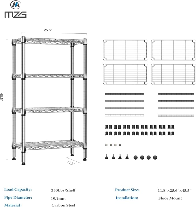 M MZG 1000 lbs 4 Tier Shelf Metal Storage Shelves Wire Rack Closet Organizers for Garage Kitchen Bathroom Laundry Chrome 11.8" D x 25.6" W x 45.5" H