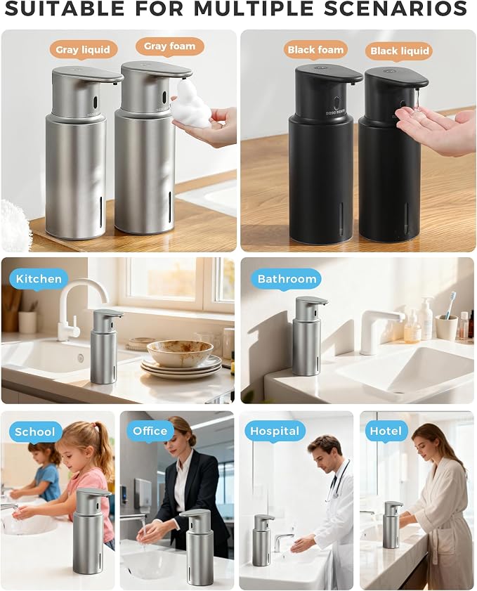 Automatic Foaming Soap Dispenser Touchless, 304 Stainless Steel Bottle Body | 16.2oz/480ml Rechargeable, 3 Adjustable Liquid Levels, IPX7 Waterproof, for Kitchen Bathroom, Stainless Steel