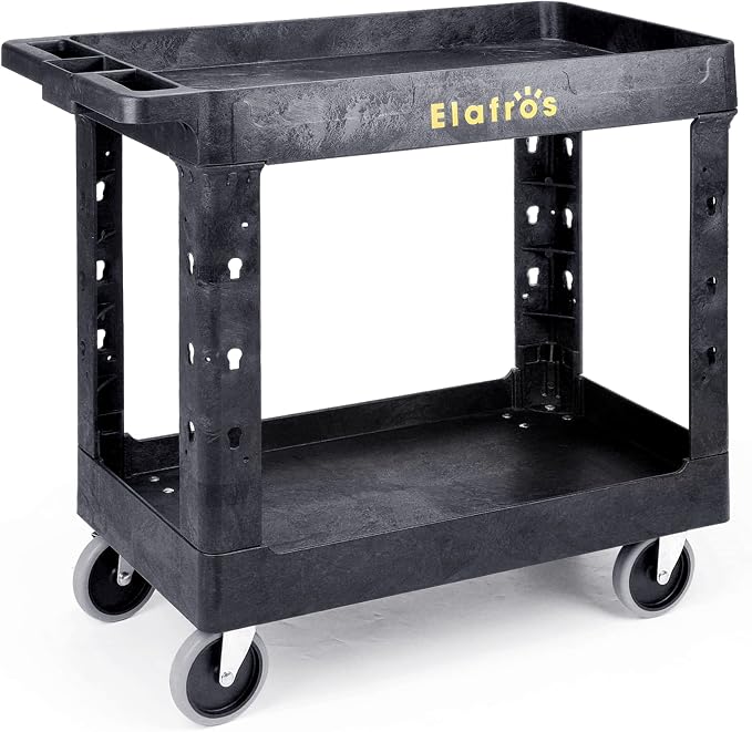 ELAFROS 2-Tier Utility Rolling Cart, 34 x 17 in, 5" Swivel Wheels, 550lb | Deep Tub Shelves, Plastic Service Cart, Work Cart, Tool Cart, Tub Storage Organizer, Warehouse Garage Cleaning Supplies
