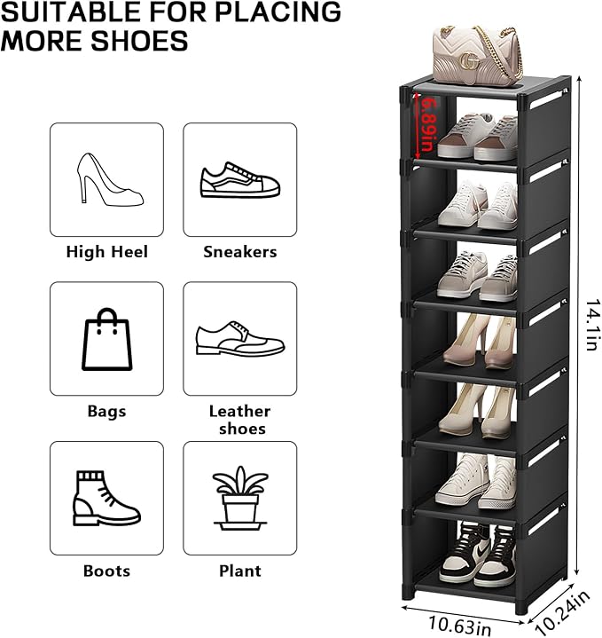 8-Tier Tall Corner Shoe Rack for Entryway Corner Narrow Shoe Shelf Space Saving Corner Shoe Storage Organizer Freestanding Storage Organizer for Closet, Entryway, and Small Spaces,Black