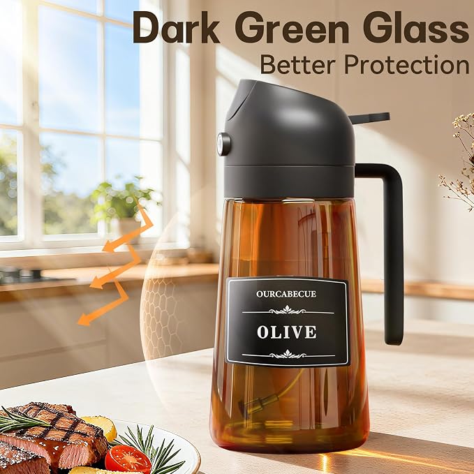 Olive Oil Sprayer & Dispenser Bottle for Cooking 16oz Dark Glass Oil Mister | 2-in-1 Oil Sprayer & Pourer, Fine mist, Light-Blocking, Wide Mouth for Easy Refill & Clean, 8 Oil Labels, Reusable