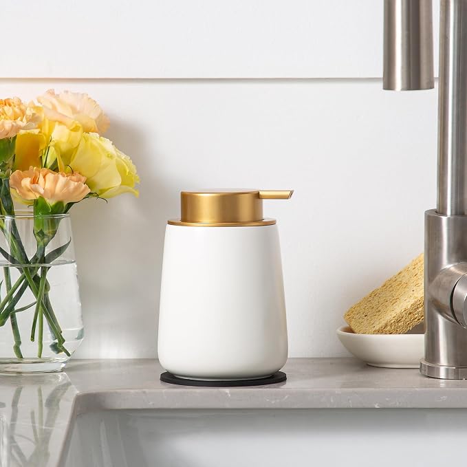 Enra Ceramic Soap Dispenser, 12 Oz Wide-Mouth Hand Lotion Dispenser with Gold Pump, White Refillable Dish Soap Dispenser for Kitchen & Bathroom Countertop Decor