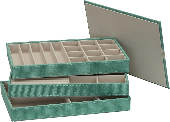 Household Essentials 3-Tier Jewelry Tray, Sturdy Chipboard With Polyester Linen Wrap, Polyester Felt Lining, Many Compartments for Easy Jewelry Access, Stackable, Stylish and Functional, Seafoam Green