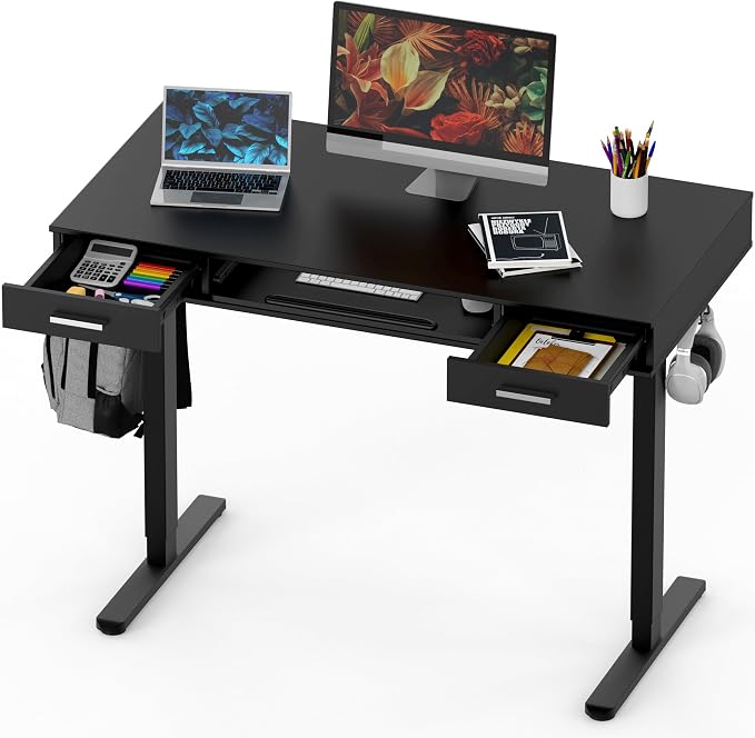 SHW 48-Inch Electric Height Adjustable Desk w/Keyboard Tray, Black | w/ 2 Drawers | Memory Presets and Cable Management | Hanging Hooks