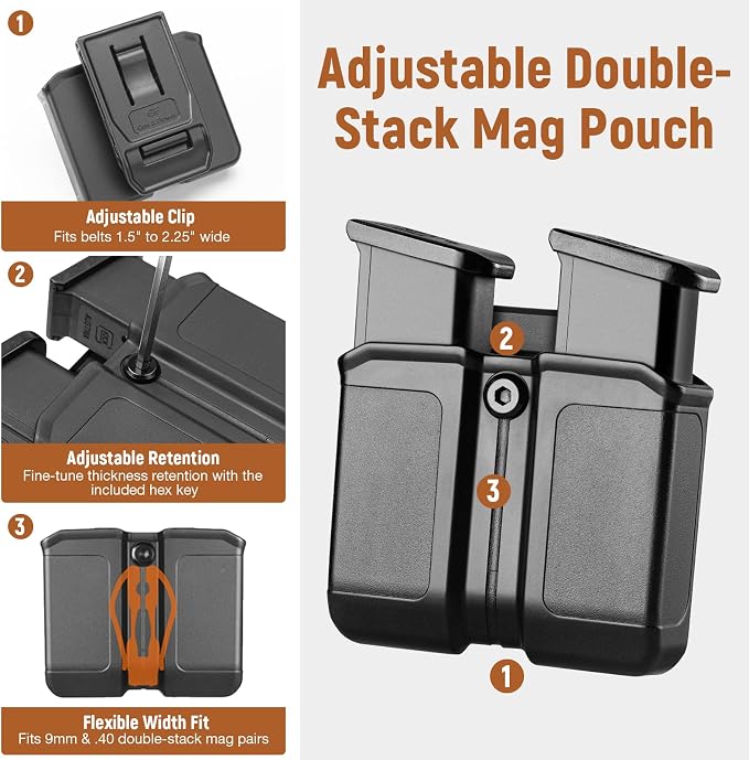 Universal Double Magazine Holder for 9mm/.40 Double Stack Mags, OWB Magazine Holster with Belt Clip, Fits Glock 17/19/ Sig P320/ Hellcat Pro/Echelon/S&W/Taurus/Beretta/H&K/CZ/Walther & More