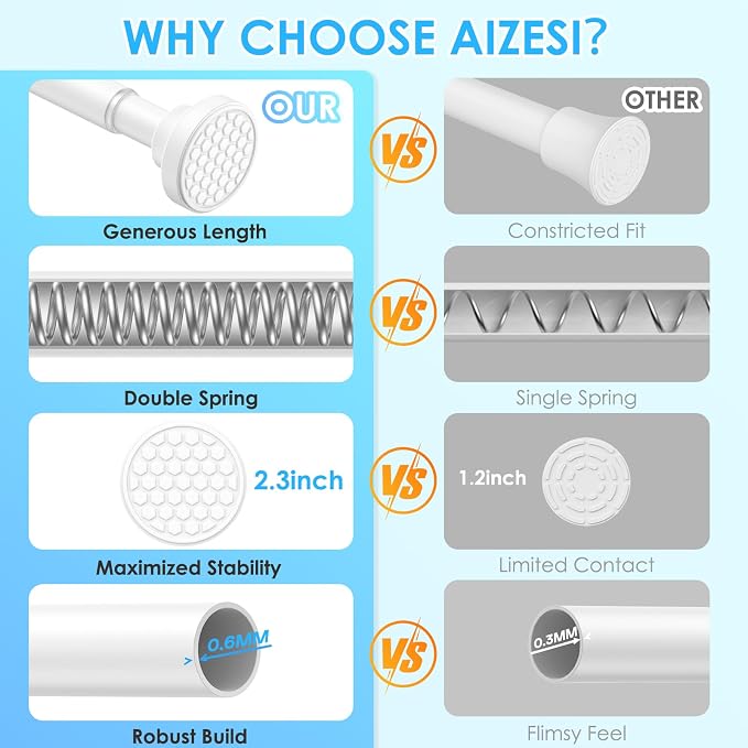AIZESI Shower Curtain Rod, Adjustable 42-74 Inch Spring Tension Shower Rod, 1" Diameter Tension Curtain Rod No Drilling, Anti-Slip, Premium Stainless Steel Anti-Rust, White