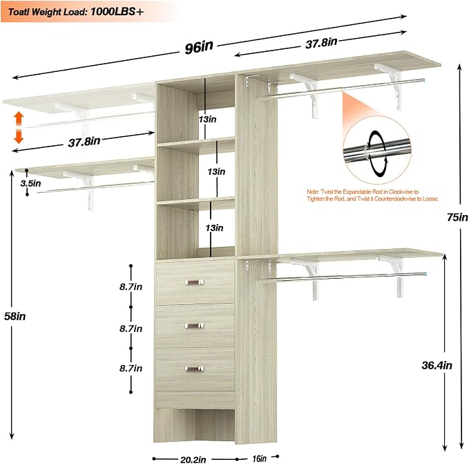 iSunirm 8FT Closet System, 96'' Closet Organizer System with 3 Hanging Rods, Wall Mount Bedroom Wardrobe with 3 Drawers Walk-in Closet, Adjustable Garment Rack from 5 to 8FT(Cut to Fit), White Oak