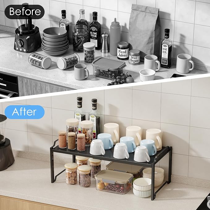 2 Pack 11” Depth Expandable Kitchen Cabinet Organizer Shelves, Metal Kitchen Countertop Organizers and Storage Shelving, Heavy Duty Stackable Storage Rack Shelf For Pantry Cupboard Counter Tabletop