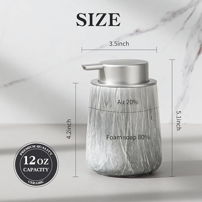 Enra Ceramic Hand Soap Dispenser,12 oz Gray Lotion Dispenser Bathroom Liquid Refillable Dish Soap Dispenser for Bathroom Kitchen with Easy-to-Press Pump (Gray Liquid Type)