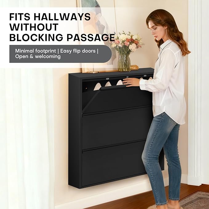 Shoe Storage Cabinet with 3 Flip Drawers, Hidden Slim Narrow Shoe Rack Cabinet, Wall Mount Metal Shoe Cabinet for Entryway, Black