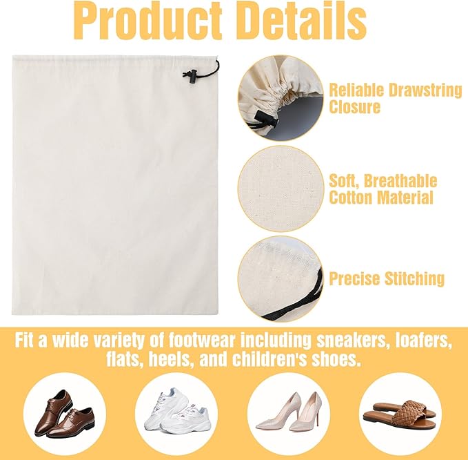 6 Pack Cotton Shoe Bags for Travel & Storage - 17.7"x13.8" Dustproof Drawstring Pouches, Washable & Reusable Cotton Organizers (Beige)