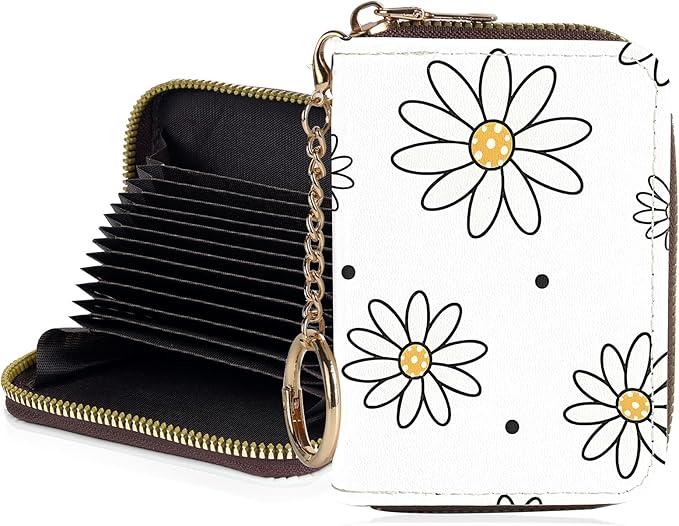 Credit Card Holder for Women,Small Rfid Wallet with Keychain Zipper,Cute PU Leather Card Case Wallet，Accordion Credit Card Wallets Gift,Large White Flower