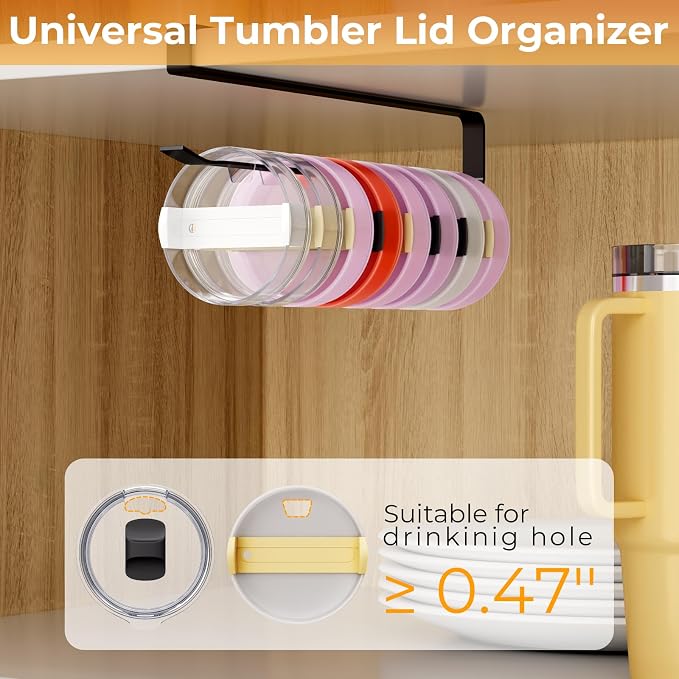 Quehun 2 PCS Tumbler Lid Organizers, Ample Lid Capacity Up to 30 Lids, No Adhesive No Drill Yeti Lid Organizer Holder Inside Cabinet, Space-Saving Stanley Tumbler Cup Lid Holder Organizer for Kitchen