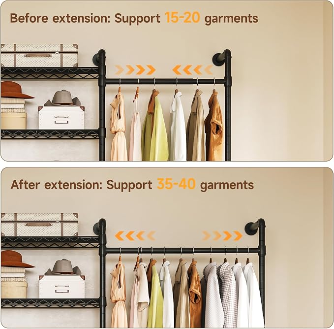 L3 Wall Mounted Metal Pipe Closet System Heavy Duty Corner Garment Rack | Max Load 950LBS with 4 Telescopic Rods & 6 Wire Shelves Black Industrial Modular Clothing Clothes Rack Wardrobe Closet