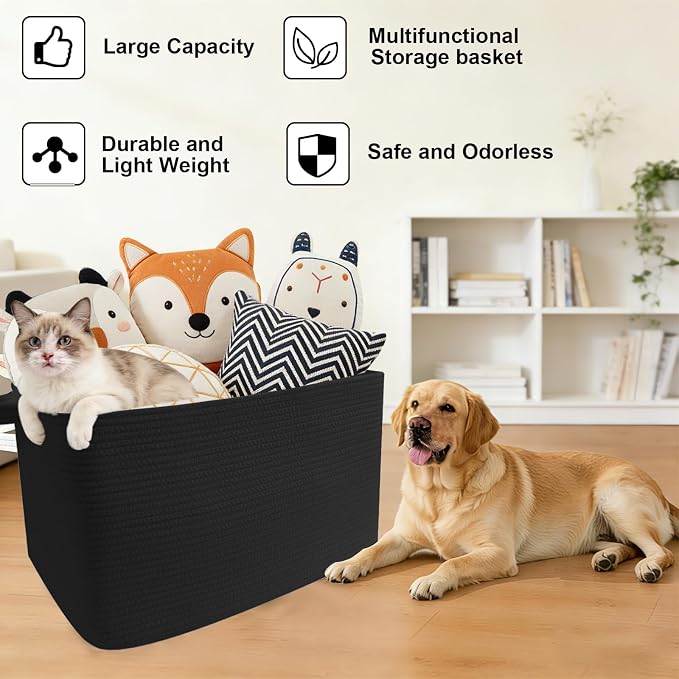 65L Collapsible Woven Rope Laundry Basket with Handles,Black | 21x16x12 Foldable Rectangular Blanket Basket for Toys, Clothes & Pillows,Ideal for Nursery, Bathroom, Bedroom, Living Room
