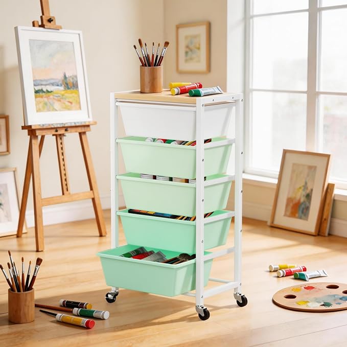 Rolling Cart with 5 Drawers, Plastic Drawer Storage Carts with Wheels & Wooden Tabletop, Metal Utility Cart for Office Bedroom Living Room Classroom, Craft Organization and Storage, Green