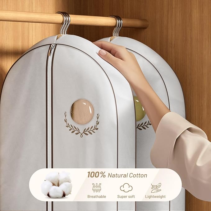 MISSLO 65" Cotton Garment Bag for Long Dress Breathable Fur Coat Storage Bag Women Dress Cover Luxury Garment Bags for Hanging Clothes Travel for Fur Coat, Jacket, Gown, Suit
