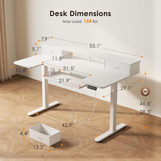 OffiGo 55 Inch U Shape Standing Desk with Keyboard Tray & Drawers, White | 3 Outlets & 2 USB Ports, Dual-Monitor Stand, 10 Colors & 10 LED Modes, 3 Presets, 28.3"-46.5"in Range, 154 lb Capacity