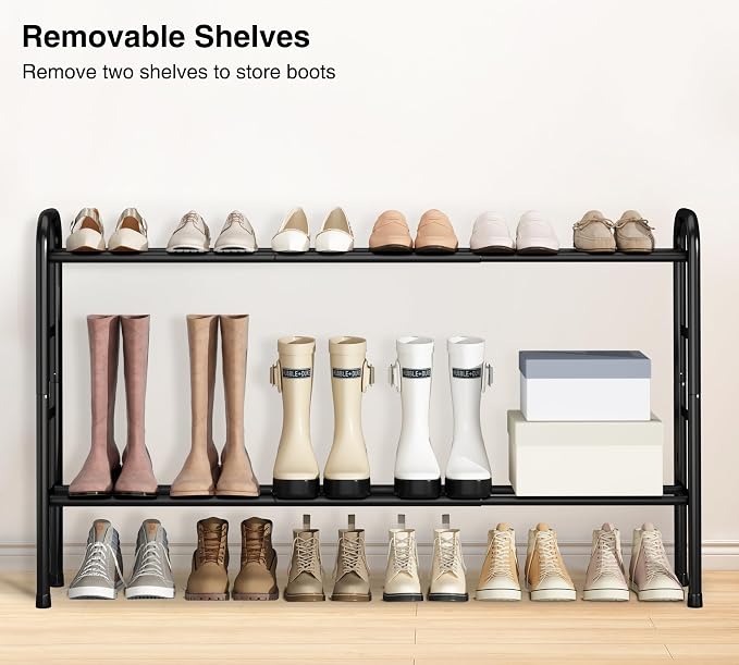 STO STO Long Expandable Shoe Rack 4-Tier, Adjustable Length 33.7”–47.5” Shoe Organizer, Metal Shoes Storage Shelf, Holds Up to 30 Pairs, Non-Slip Feet, for Closet, Entryway, Hallway, Front Door, Black