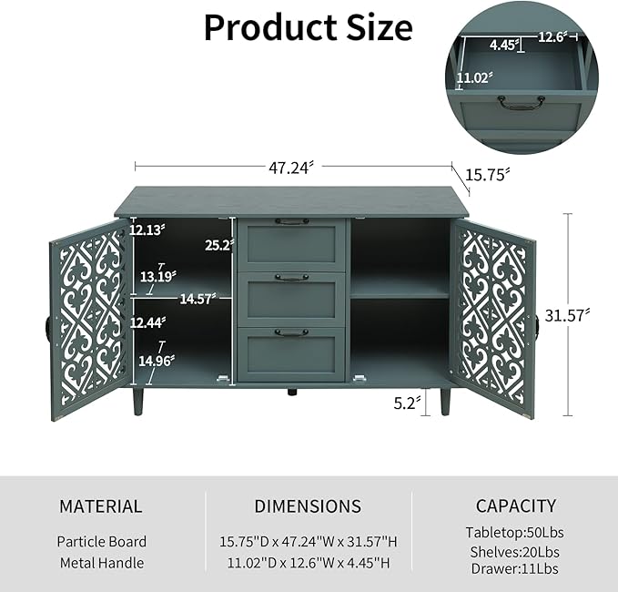 Vistavie Sideboard Buffet With Storage - Accent Cabinet With Carved Pattern, American Furniture 2 Door 3 Drawer, Farmhouse Wood Credenza for Entryway, Dining Room, Study Room