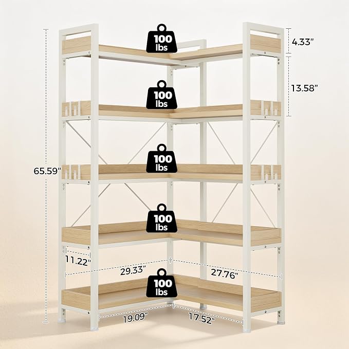 GTPLAYER 5-Tier Corner Bookshelf, L-Shaped Metal Frame Shelf with Tall 14" Shelves, Plant Stand and Storage Rack for Small Spaces, Living Room and Home Office, Light Oak
