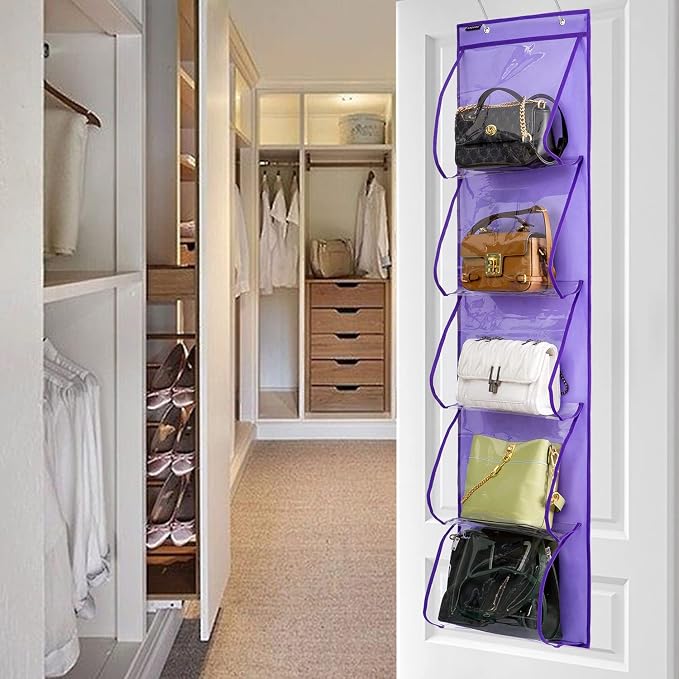Over Door Hanging Purse Organizer Handbags Holder with 5 Easy Access Pockets Organizer Storage for Towel Scarf Umbrella (Purple)