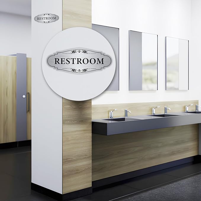 Restroom Sign Sticker for Business & Home, Self-Adhesive Brushed Silver Elegant Bathroom Signs for Door, Durable & Waterproof Unisex Restroom Signage for House Toilet, Office, Store, Shop