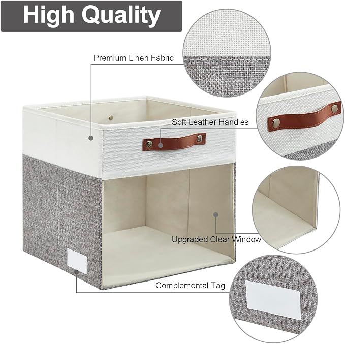 Bagnizer Storage Cubes, 4 Pack Linen Foldable Storage Bins with Clear Window and 2 Handles, 13x15x13 Storage Cube Bins for Shelf Closet, Kallax, Clothes, Books - (Gray / Off-White)