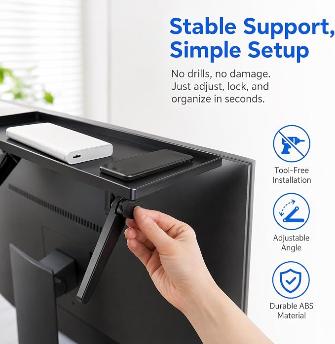 13 Inch Adjustable Screen Top Shelf Organizer for TV Computer Monitor Flat Screen, Large TV Mount Top Shelf Used To Place Soundbar Cable Box Speakers Apple TV Play-station Camera Frames Remote