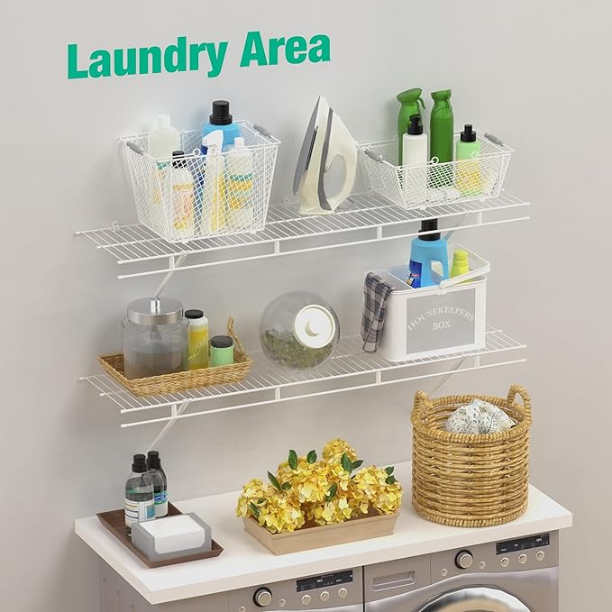 HAUSHOF Closet Shelves Wall Mounted 2-Pack, 4 ft x 12in White Wire Shelving for Laundry Room, Closet, Basement Organization and Storage