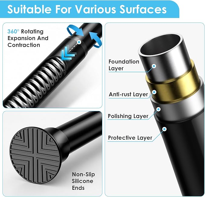1Pcs Tension Curtain Rod 24 To 46 Inch Black Shower Curtain Rod No Drilling Adjustable Spring Loaded Curtain Rods 7/8"Diameter Shower Rods For Bathroom Windows Bedroom Closet Doorway Door