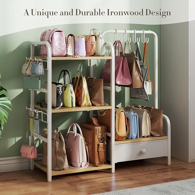 Purse Organizer for Closet, with Bottom Drawer, Extra Large Capacity 3 Tier Handbag Storage Rack for Women, 10 Purse Hanger and Hooks for Bag Organizer, Floor-Standing, Home, Living Room (Wooden)