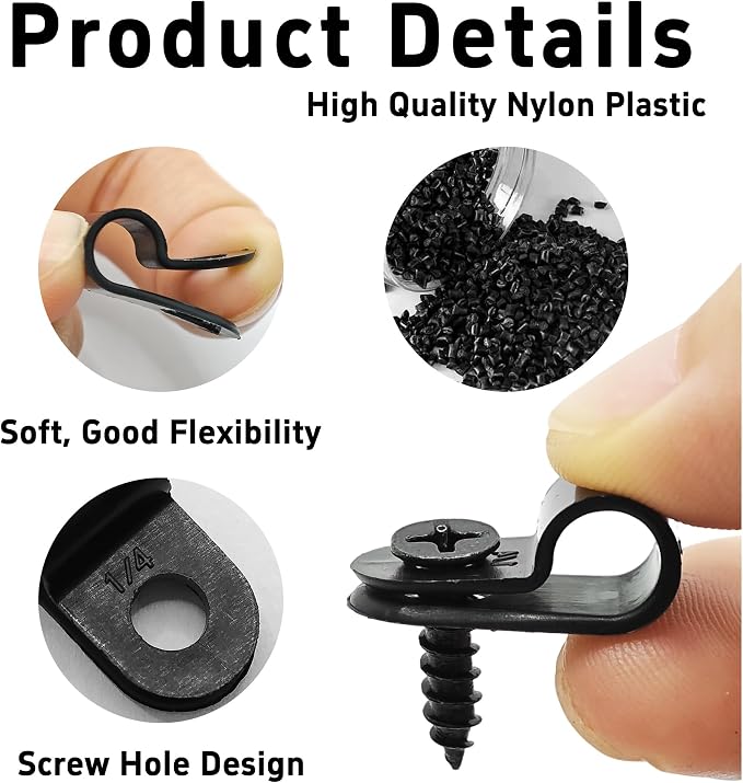 100Pcs R-Type Cable Clips 1/4" Black Nylon Plastic Wire Clamps with Mounting Screws, Cord Fastener Cable Management Organizer for Home Office Electrical Installation