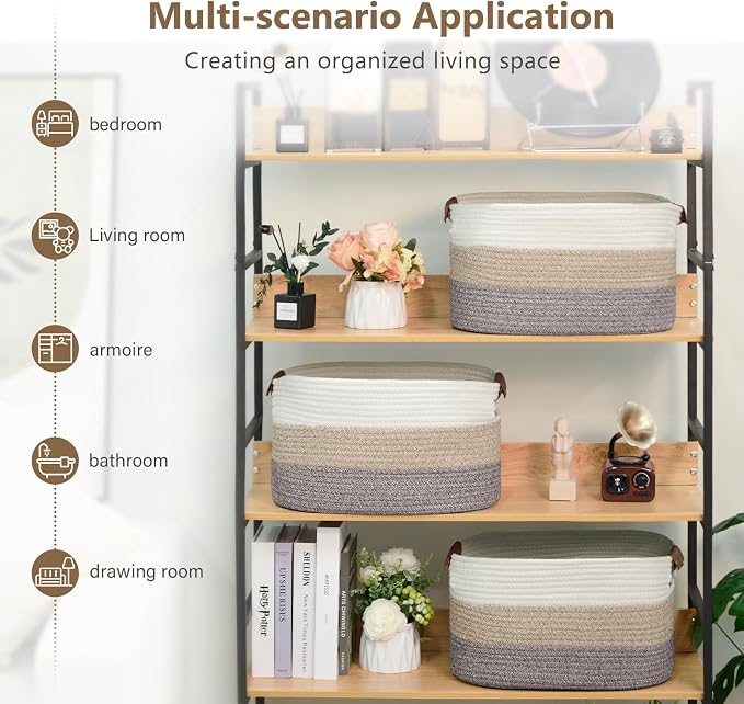 ECDYQXVU 15x10x9 Woven Cotton Rope Storage Basket, Leather Handles 1 Pack | Foldable Design, Sturdy PU Handles, Easy to Clean Organizer for Living Room, Closet, Shelves, Bedroom, Laundry, Clothes