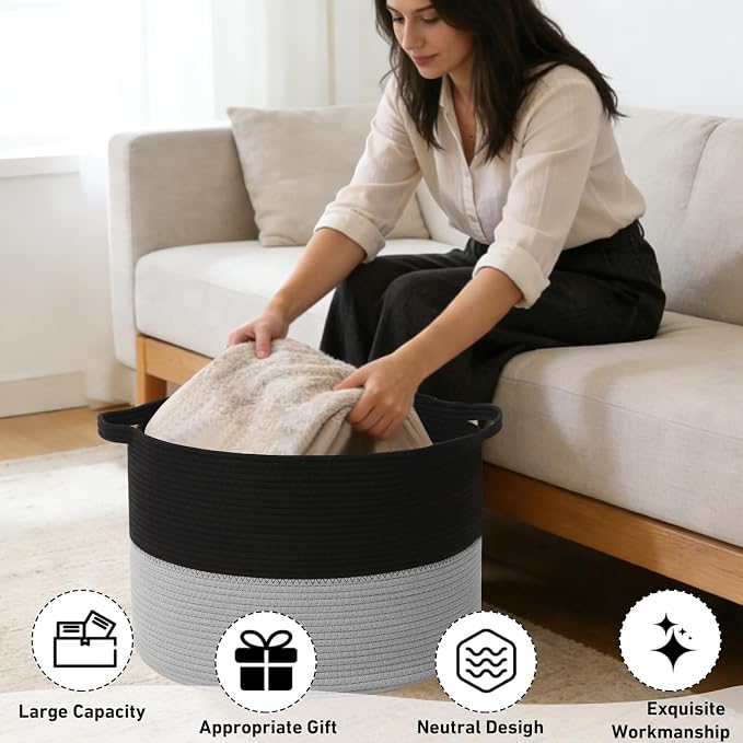 90L Extra Large Blanket Basket,Woven Laundry Basket Hamper with Handles, Decorative Nursery Basket Storage Bin for Toys, Clothes Organizer, Living Room, Bedroom, Bathroom, Black&Light Grey