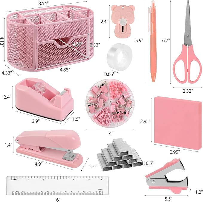 Pink Office Supplies for Desk,14pcs Desk Sets and Accessories, Office Supply Kit with Mesh Desktop Organizer and Stapler,Staple Remover, Staples,Tape Dispenser,Sticky Tabs,Scissors, Ruler