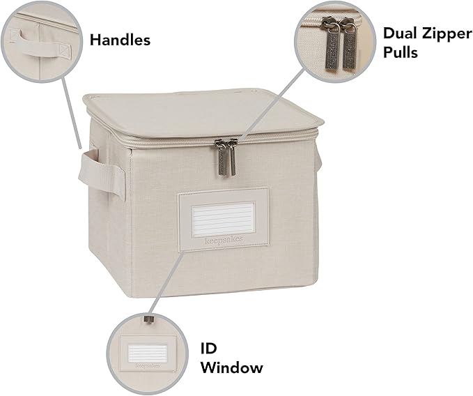 Covermates Dish Storage Box – China & Dinner Plate Storage Container with Dual Zippers, Reinforced Handles, ID Window & Stackable Structured Walls for Dishware Organization, Beige Heather