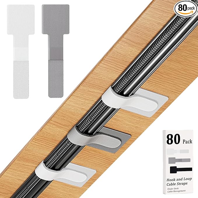 80PCS Hook and Loop Cable Straps, Cable Management Under Desk, Adhesive Cable Tie, Reusable Wire Organizer for Cords, Cord Management, Computer Accessories for Desk, Home Office Essentials, White+Gray