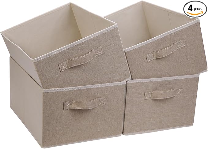 Collapsible Sorage Bins, Storage Cubes Baskets Collapsible Fabric Storage Boxes with Handles for Home and Office (Set of 4, Beige, 15.4 x 11.4 x 7.91inch)