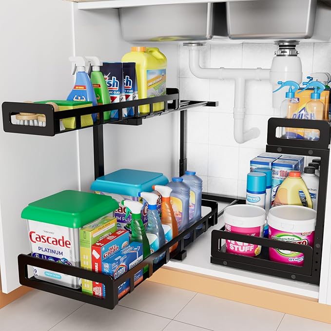 Under Sink Organizer, Metal Large Capacity 2-Tier Sliding Cabinet Storage Rack, Heavy-Duty Rust-Resistant Steel Frame, Holds 50 lbs, Adjustable Height 12–16", 14"D x 11"W for Kitchen & Bathroom, Black