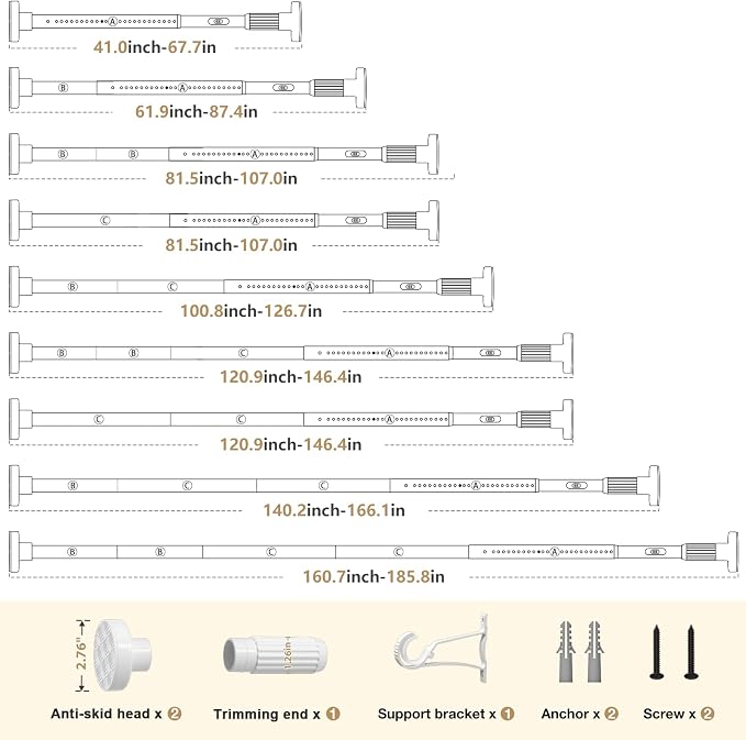 White Tension Curtain Rod 41-185In(4-15Ft), Extra Long Outdoor Curtain Rod No Drilling for Window or Patio, Heavy Duty Curtain Shower Rod for Bathroom,Rod Diameter 1.26In-One-bond stretching