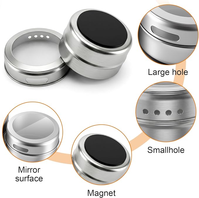 Magnetic Spice Rack with 2 Metal Plates & 8 Magnetic Spice Jars - Stainless Steel Seasoning Tins with Clear Lid & Double-Sided Stickers for Kitchen Refrigerator Organization